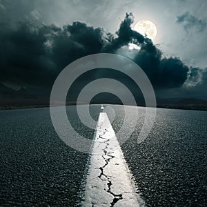 Driving on an empty asphalt road at night