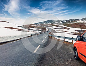 Driving on the famous Aurlandsvegen - Mountain road Bjorgavegen, Aurland in Sogn og Fjordane county, Norway. Beautiful summer