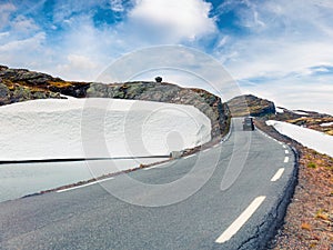 Driving on the famous Aurlandsvegen - Mountain road Bjorgavegen, Aurland in Sogn og Fjordane county, Norway. Beautiful summer