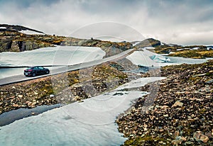 Driving on the famous Aurlandsvegen - Mountain road Bjorgavegen, Aurland in Sogn og Fjordane county, Norway. Beautiful summer