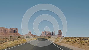 Driving On The Famous Road In Monument Valley Usa Background Of Red Rock Buttes