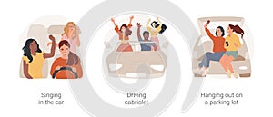 Driving the first car isolated cartoon vector illustration set.