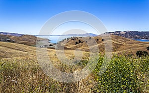Driving through the golden hills of California; the San Luis Reservoir State Recreation area