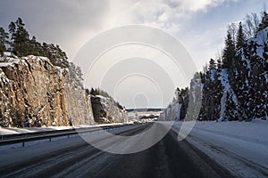 Driving on the highway after snow in winter