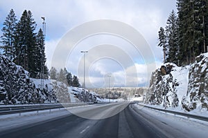 Driving on the highway after snow in winter