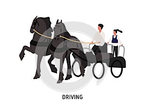 Driving horse carriage flat vector illustration. Chariot driver, coachman and passenger cartoon characters photo