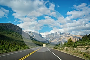 Driving on the Icefields Parkway between Banff and Jasper in the Canadian Rockies, Alberta Canada