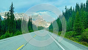 Driving on the Icefields Parkway in Jasper and Banff National Parks in Canada