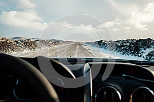 Difficult driving conditions in winter season in Iceland.