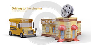 Driving passengers to cinema. Yellow vector bus, building with text sign