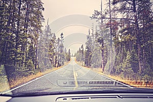 Driving in the rain, picture taken through windshield.