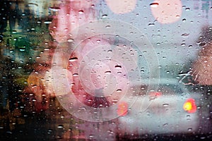 Driving in rain, raindrops on car window with light bokeh.