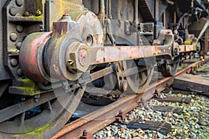 Driving rod of an old diesel-electric locomotive from close