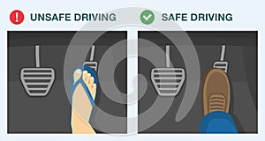 Driving rules and tips. Safe and unsafe driving. Driving in flip flops are not allowed.