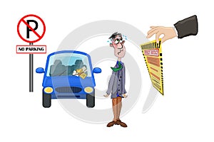 Driving rules violation. Pay fine. Penalty notice to driver concept. Warden hand holding violation ticket.