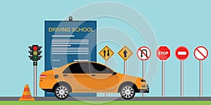 Driving School Banner with car and traffic sign