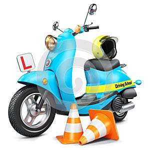 Driving school concept. Classic scooter, traffic cones and helmet