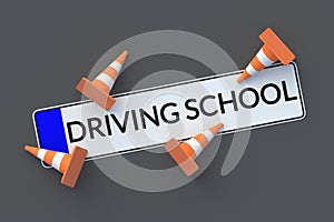 Driving school inscription on car license plate near road cones. Traffic laws. Driving courses