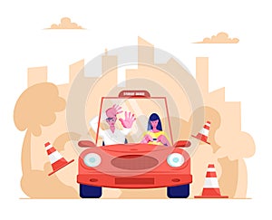 Driving School, Learner Driving Car with Frightened Instructor. Student Driver Girl Study Drive Automobile Bumping Road Signs
