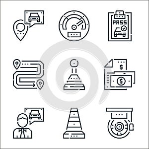 driving school line icons. linear set. quality vector line set such as graduation, cone, instructor, payment, gear, route, pass,