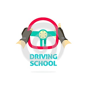 Driving school logo template, hands holding steering wheel thumb up