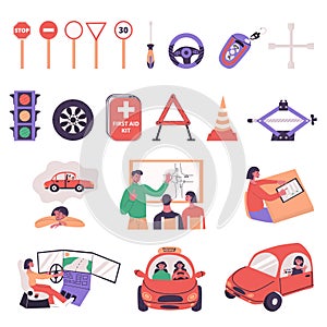 Driving school set concepts with people, different elements. Stages education, learning at lesson, online test