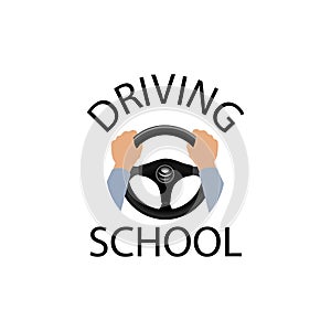 Driving school sign. Diver with hands holding steering wheel.