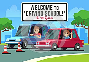 Driving school vector background with young happy driver in cars on road