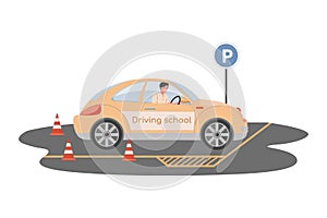 Driving school vector flat illustration. Man driving car and preparing for passing exams for driver license.