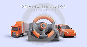 Driving simulation. Game computer steering wheel, truck, car. Learning to drive on simulator
