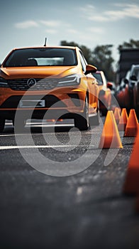 Driving skills assessed: Car negotiates traffic cones during the license test.