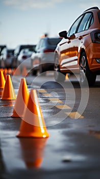 Driving skills assessed: Car negotiates traffic cones during the license test.