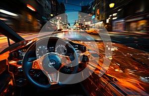 Driving a speed car by the highway at night. Steering wheel from the driver s point of view. City street at backdrop in blur