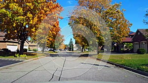 Driving Suburb Residential Road in Autumn Season in Day.  Driver Point of View POV Along Suburban Street During Fall With Colorful