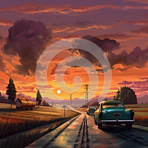 Driving into the sunset surrealism art style, travel, destination scenics