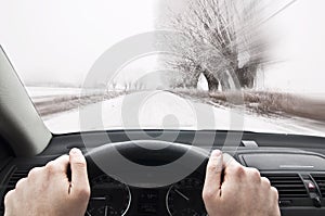 Driving too fast on a winter country road