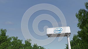 Driving towards advertising billboard with Intel Corporation logo. Editorial 3D rendering