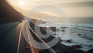 Driving towards sunset on big sur coastline generated by AI