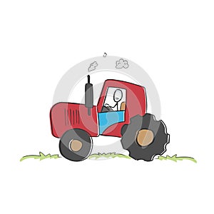 Driving a tractor on farm. Happy tractorist. Farming and agriculture. Hand drawn. Stickman cartoon. Doodle sketch, Vector graphic
