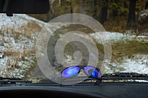 Driving on trail view inside car.