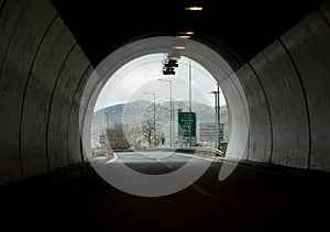 Driving through the tunnel on a greek highway in the mountrains during winter season.