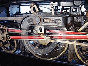 Driving wheels of a steam locomotive train at Hua Lamphong station in Bangkok