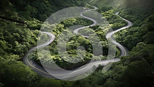 Driving on winding rural roads, surrounded by green nature generated by AI