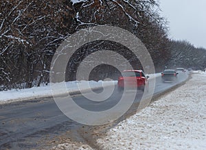 driving in winter after a snowfall, ice on the road, temperatures below zero