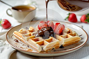 drizzling chocolate sauce over waffle