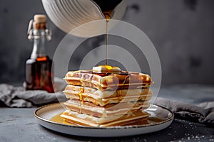 drizzling syrup over a stack of waffles