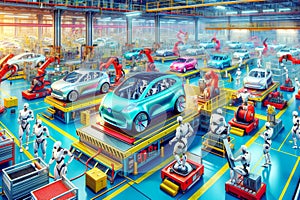 Droid Automation Automobile Manufacturing Factory Humanoid Workers Assembly Production AI Generated