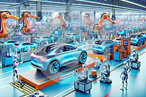 Droid Automation Automobile Manufacturing Factory Humanoid Workers Assembly Production AI Generated photo