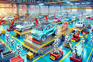 Droid Automation Automobile Manufacturing Factory Humanoid Workers Assembly Production AI Generated photo