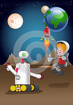 Droid robot guarding male astronout exploring planet